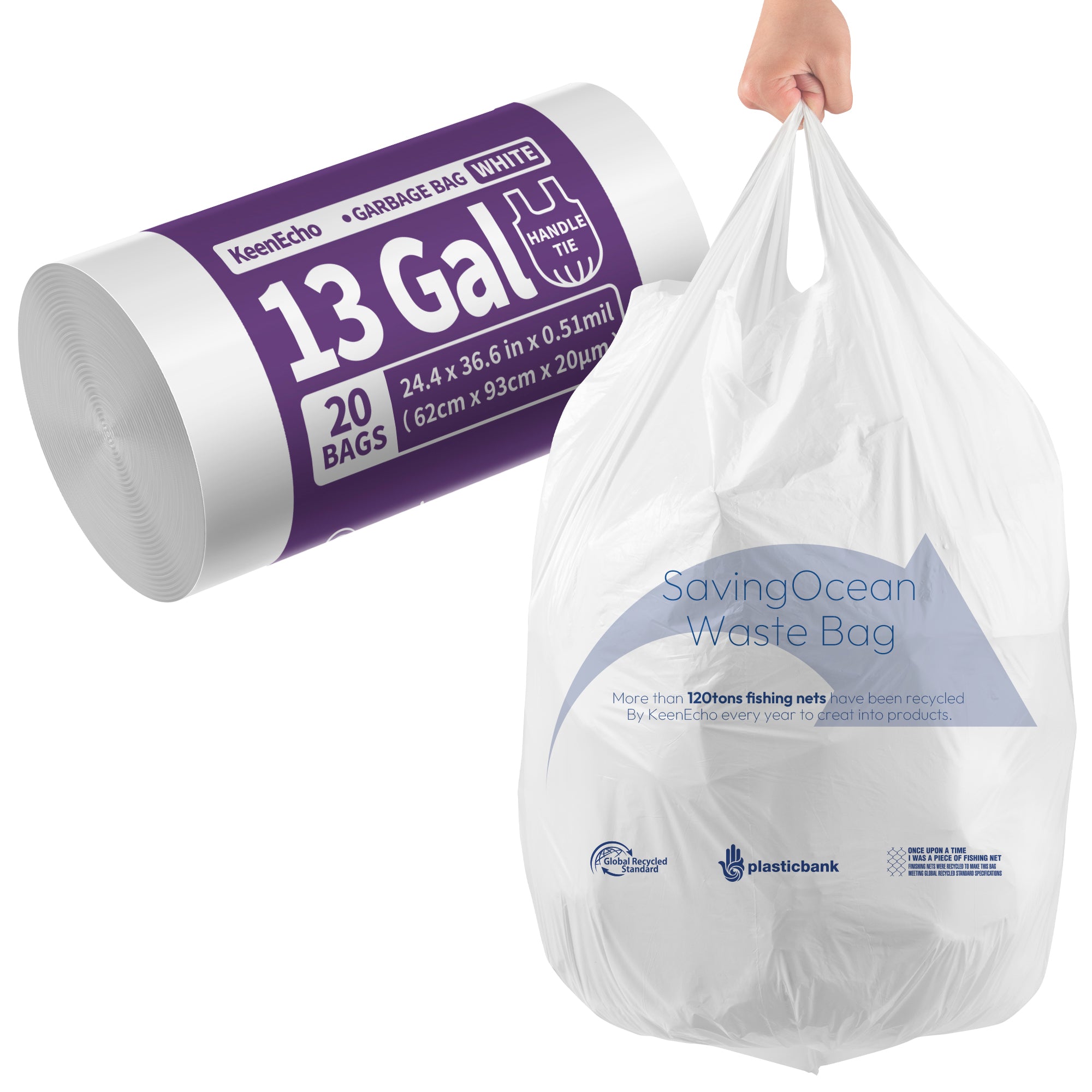 KeenEcho Small Trash Bags with Handles 13 Gallon 20 Count White