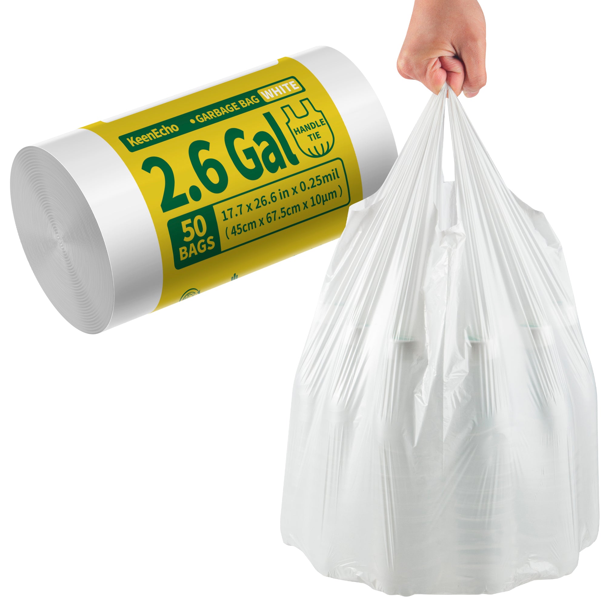 KeenEcho Small Trash Bags with Handles 2.6 Gallon 50 Count White