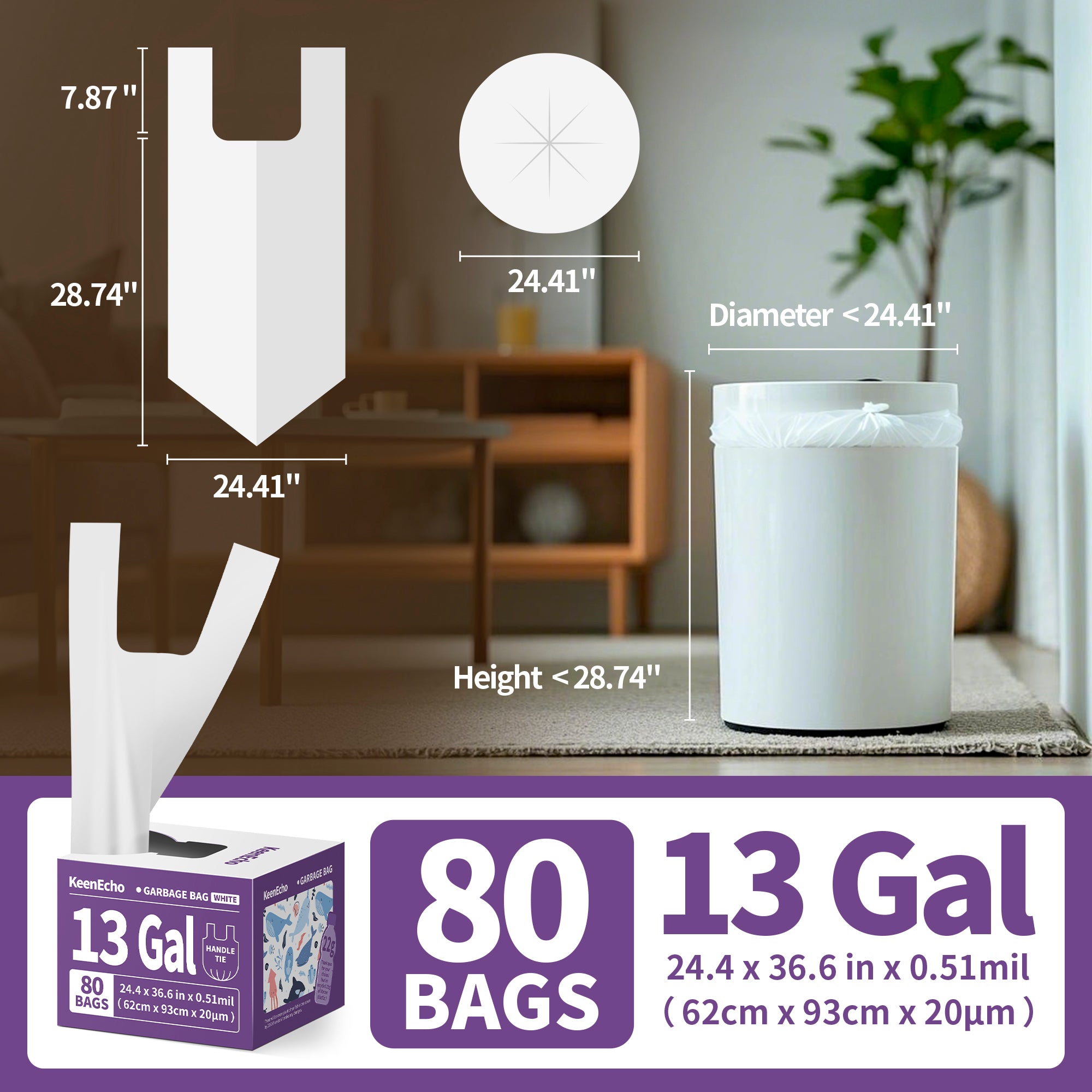 KeenEcho Small Trash Bags with Handles 13 Gallon 80 Count White