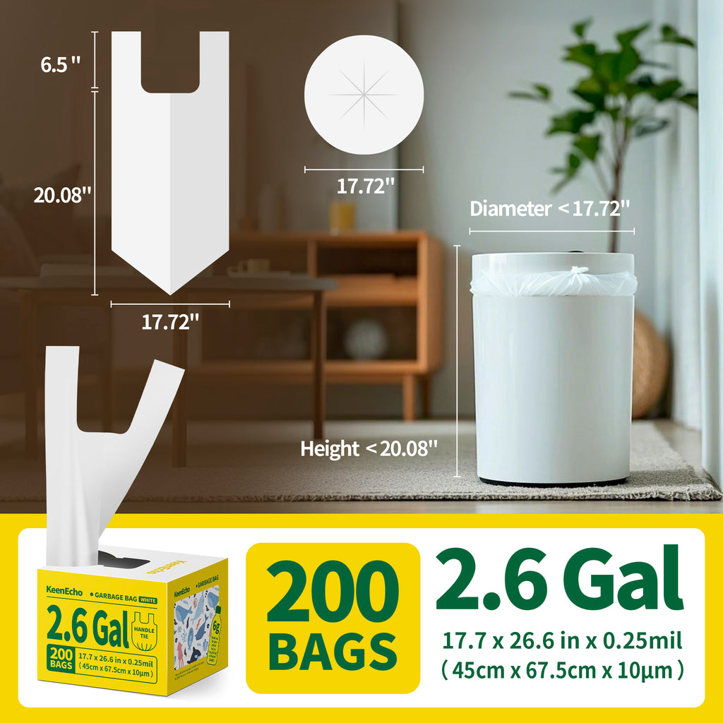KeenEcho Small Trash Bags with Handles 2.6 Gallon 200 Count White