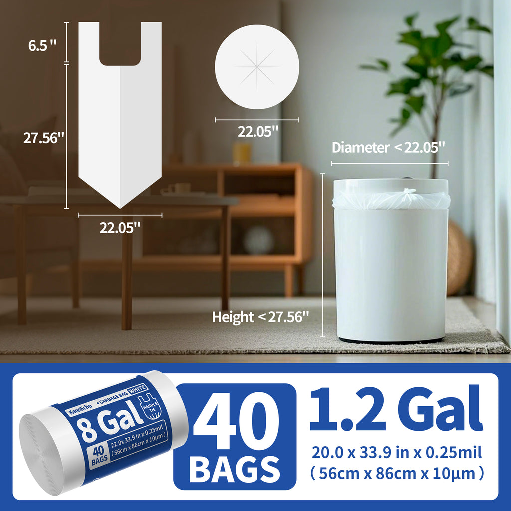 KeenEcho Small Trash Bags with Handles 8 Gallon 40 Count White