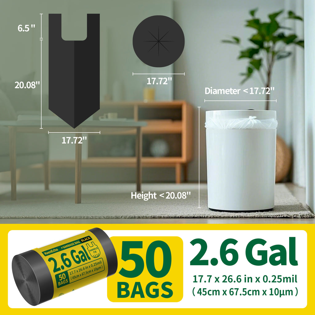 KeenEcho Small Trash Bags with Handles 2.6 Gallon 50 Count Black