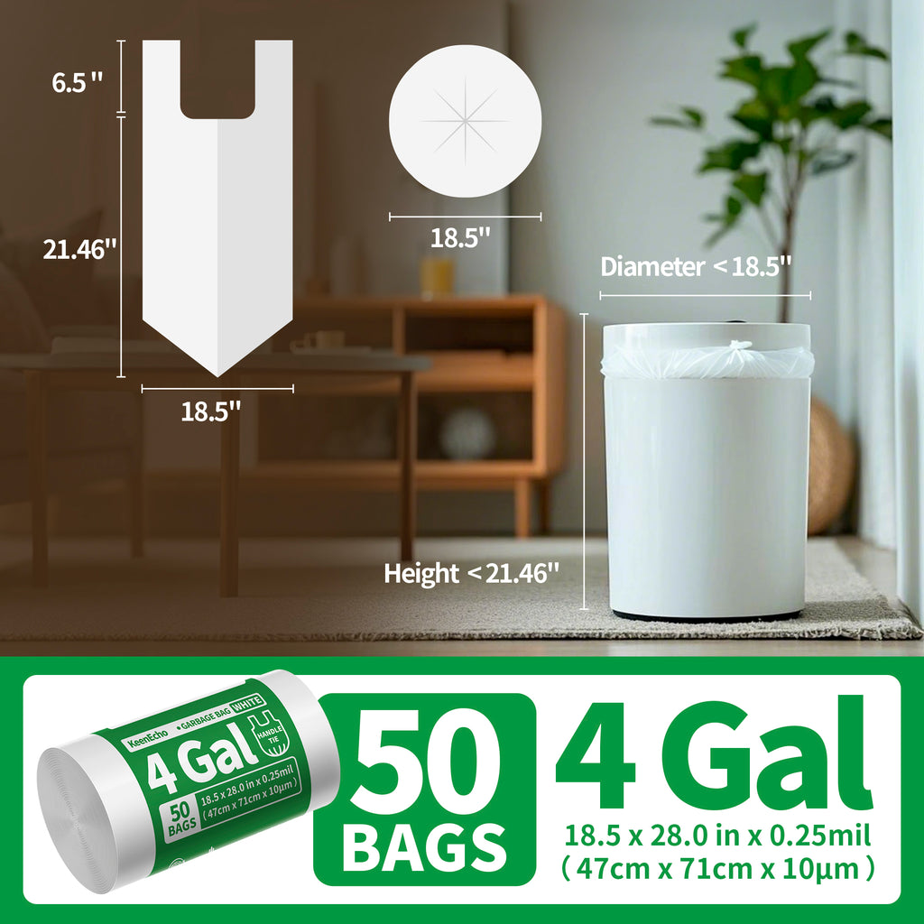 KeenEcho Small Trash Bags with Handles 4 Gallon 50 Count White