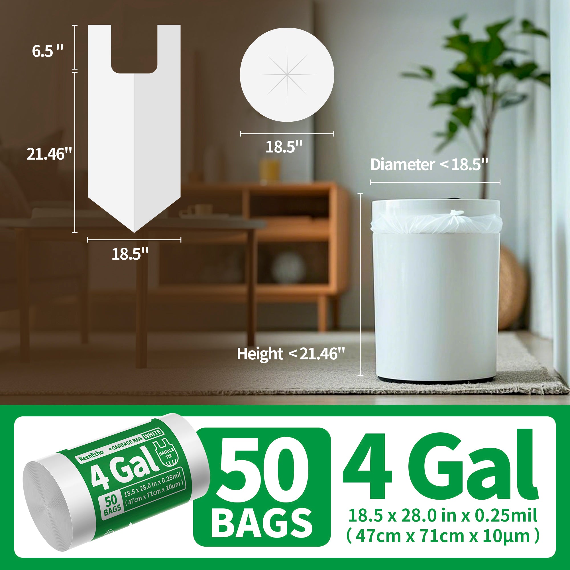 KeenEcho Small Trash Bags with Handles 4 Gallon 50 Count White