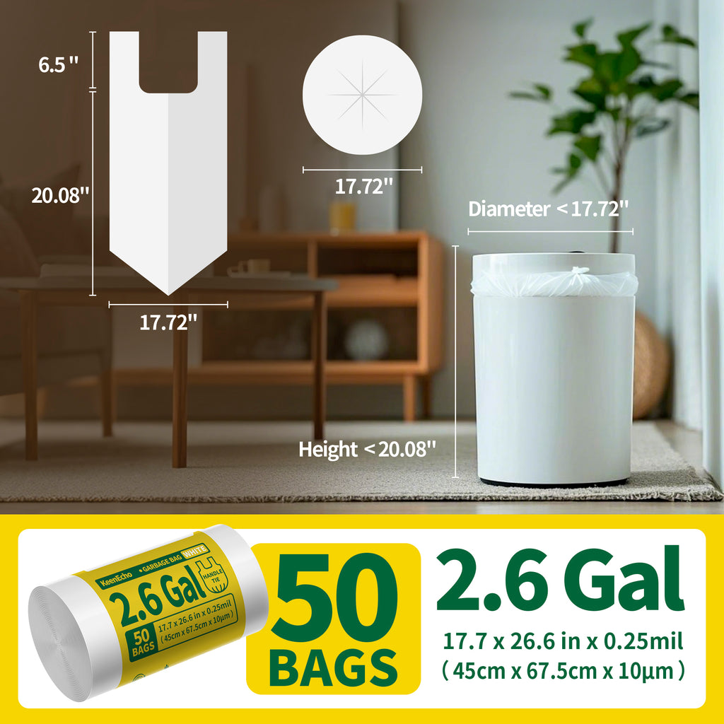 KeenEcho Small Trash Bags with Handles 2.6 Gallon 50 Count White