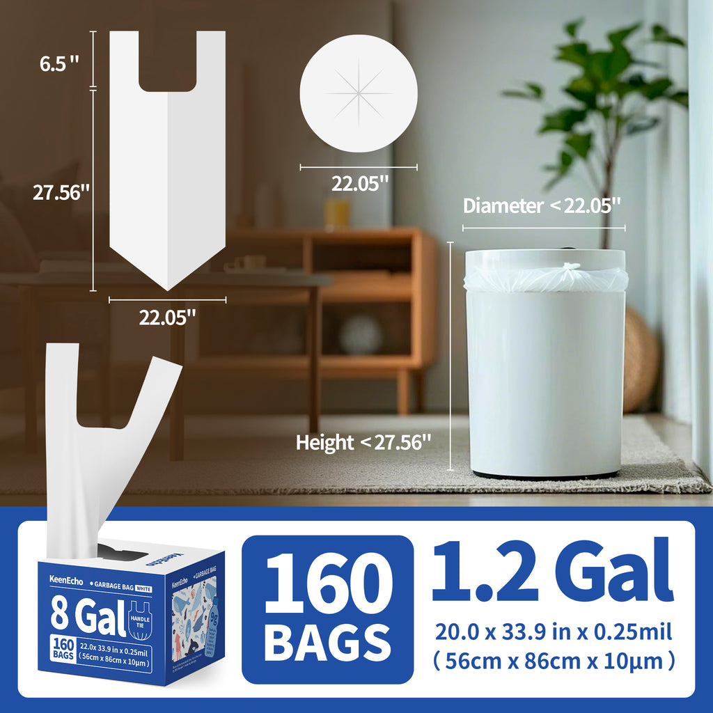 KeenEcho Small Trash Bags with Handles 8 Gallon 160 Count White