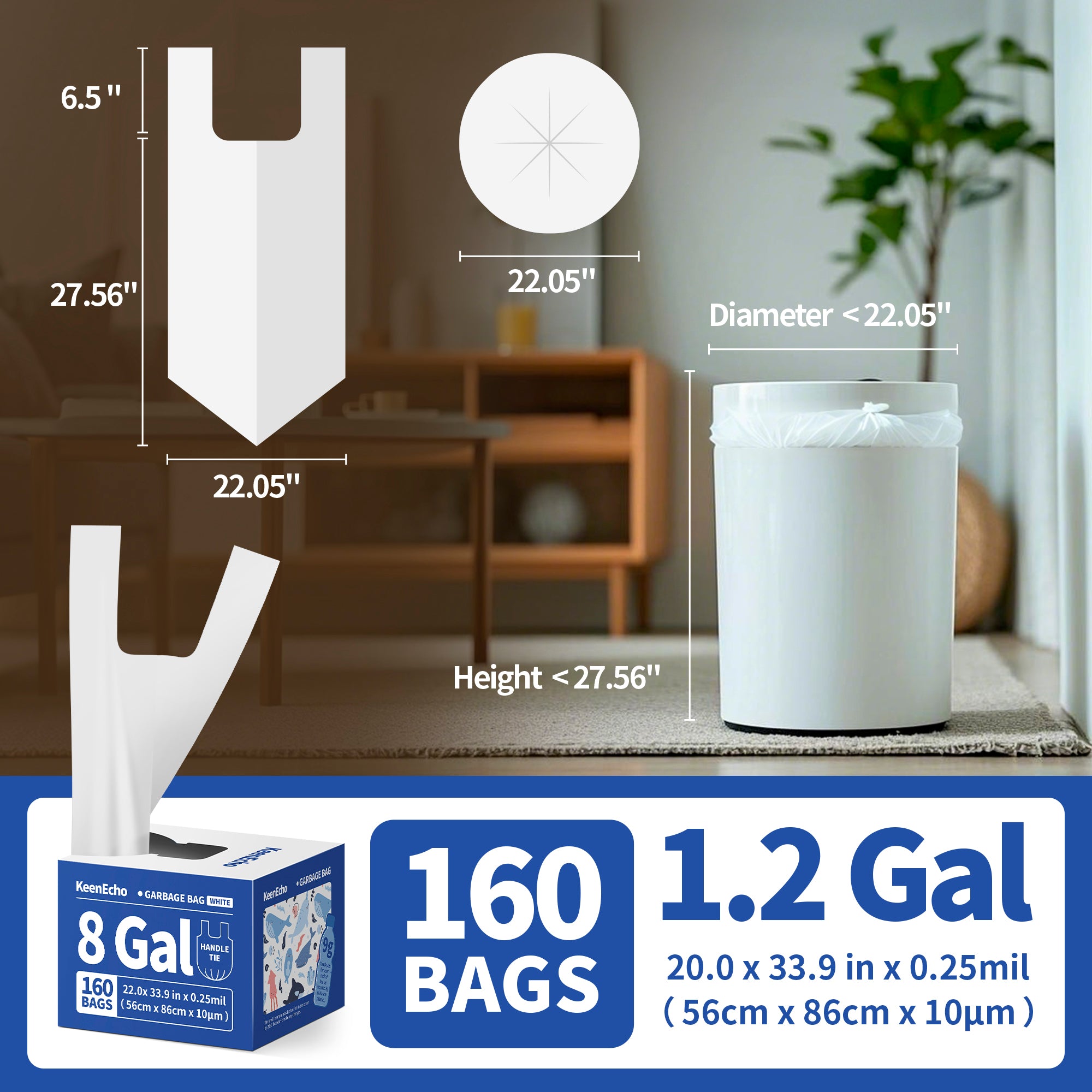 KeenEcho Small Trash Bags with Handles 8 Gallon 160 Count White