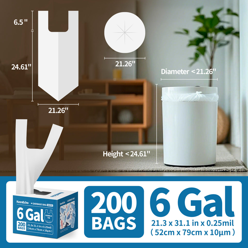 KeenEcho Small Trash Bags with Handles 6 Gallon 200 Count White