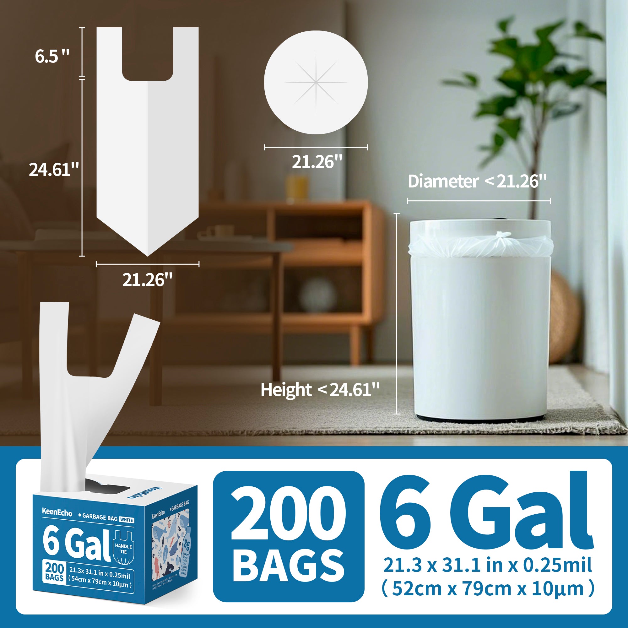 KeenEcho Small Trash Bags with Handles 6 Gallon 200 Count White