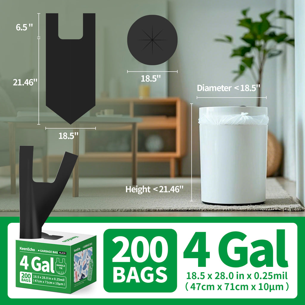 KeenEcho Small Trash Bags with Handles 4 Gallon 200 Count Black