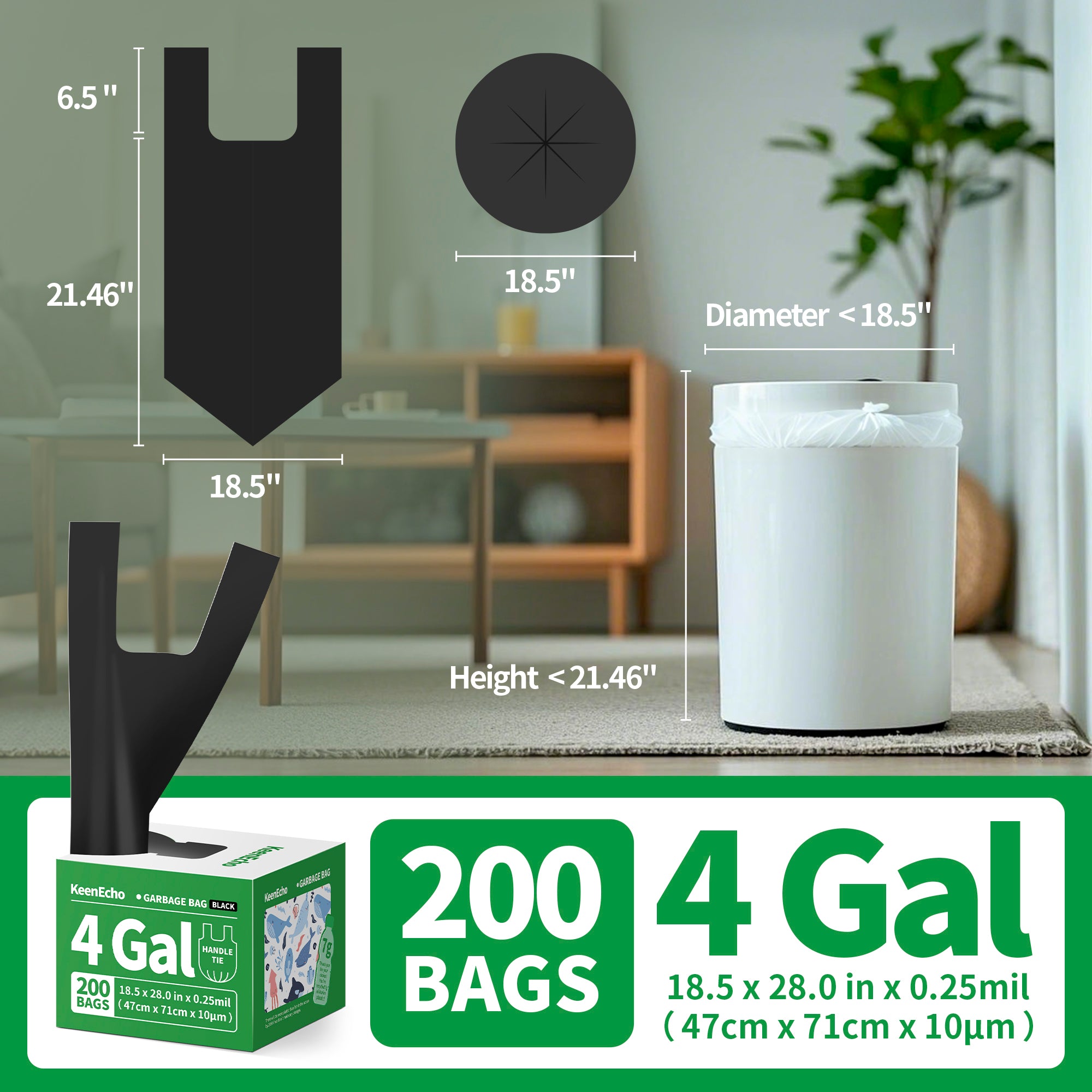 KeenEcho Small Trash Bags with Handles 4 Gallon 200 Count Black