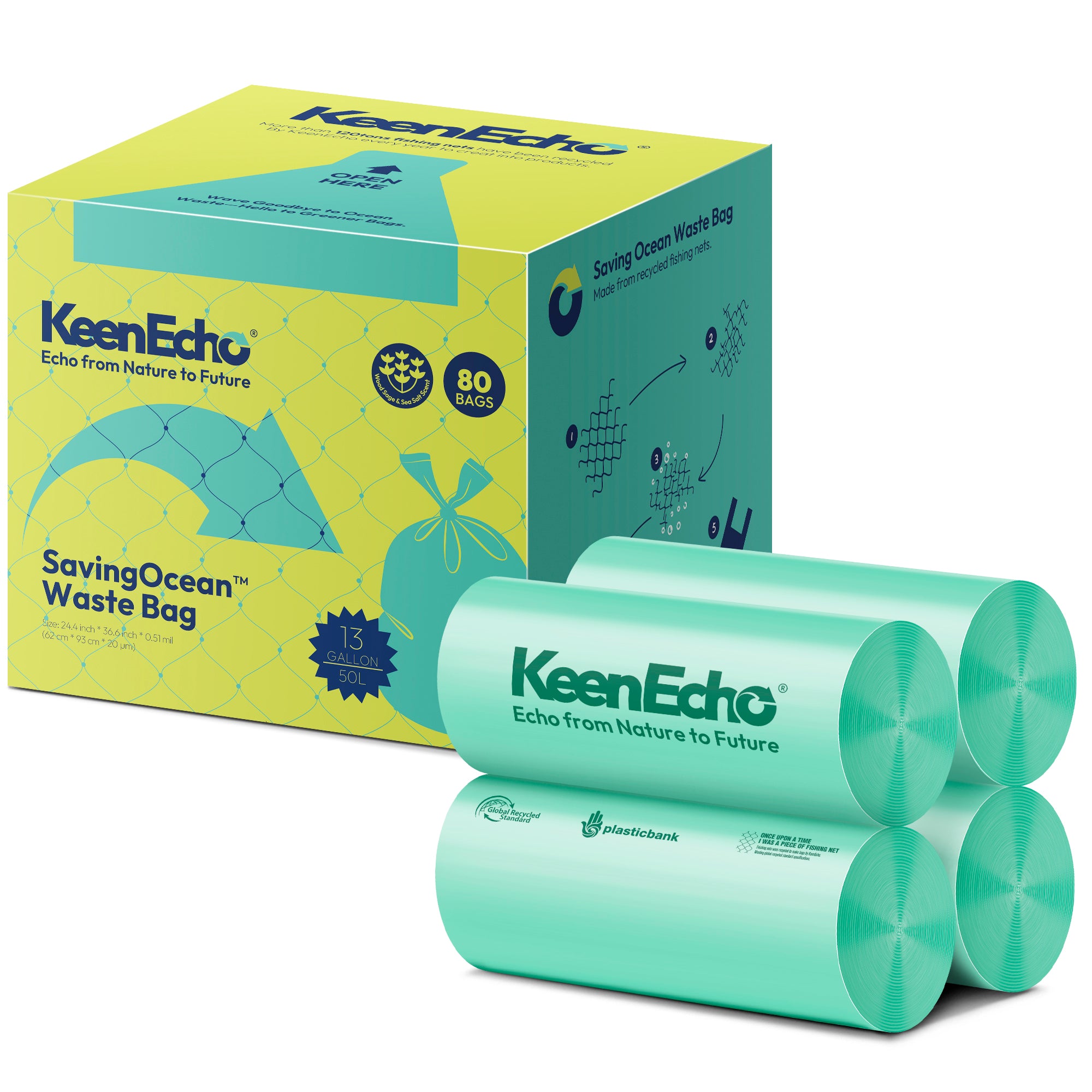 KeenEcho 13 Gallon 80 Counts Small Green Trash Bags with Handle