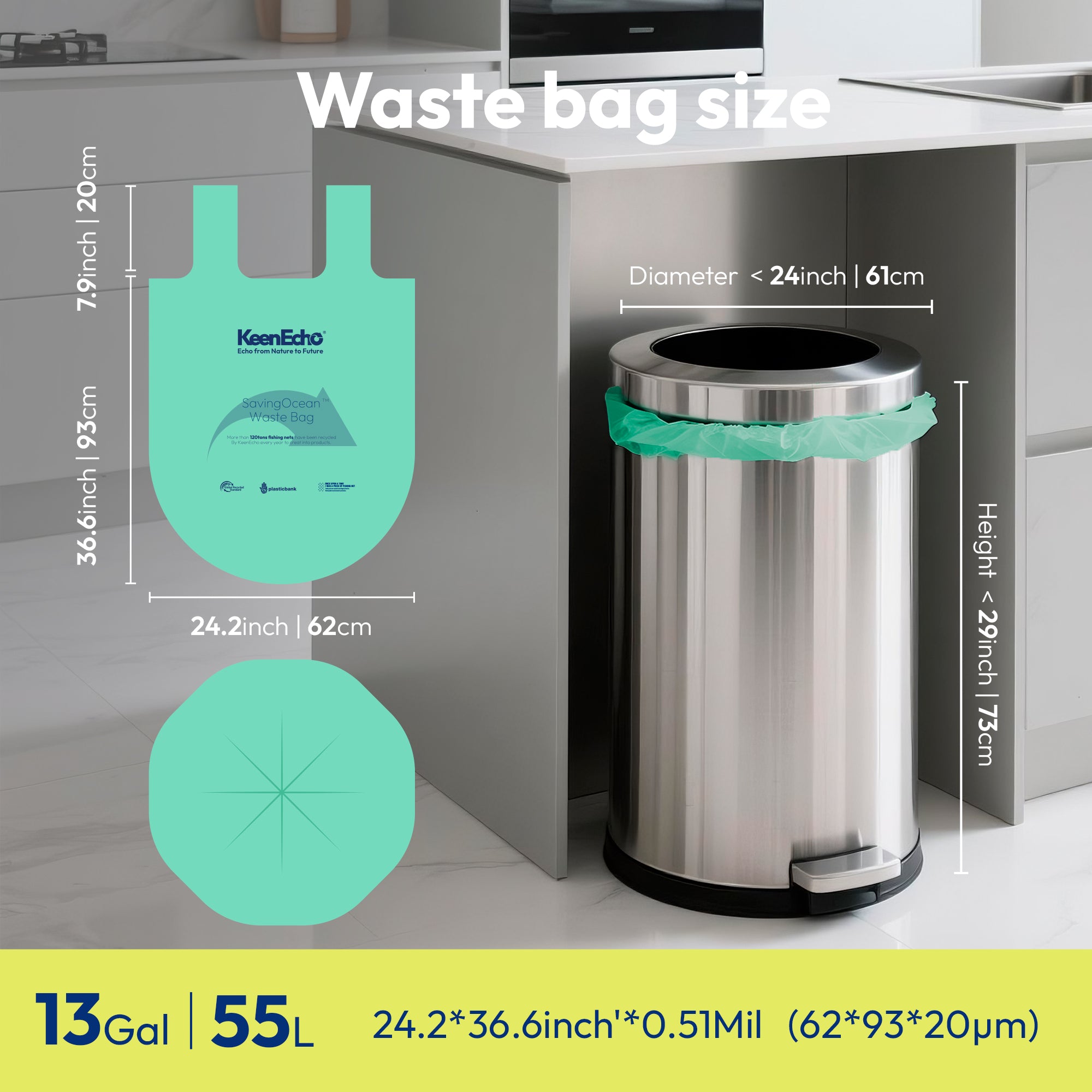 KeenEcho 13 Gallon 80 Counts Small Green Trash Bags with Handle