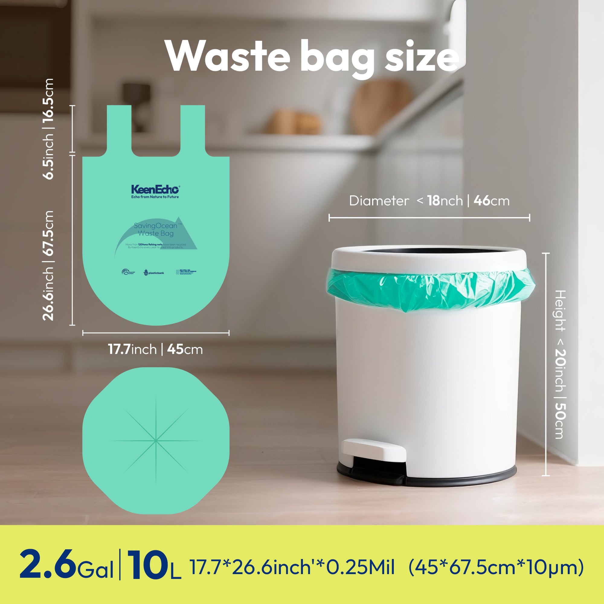 KeenEcho 2.6 Gallon 200 Counts Small Green Trash Bags with Handle