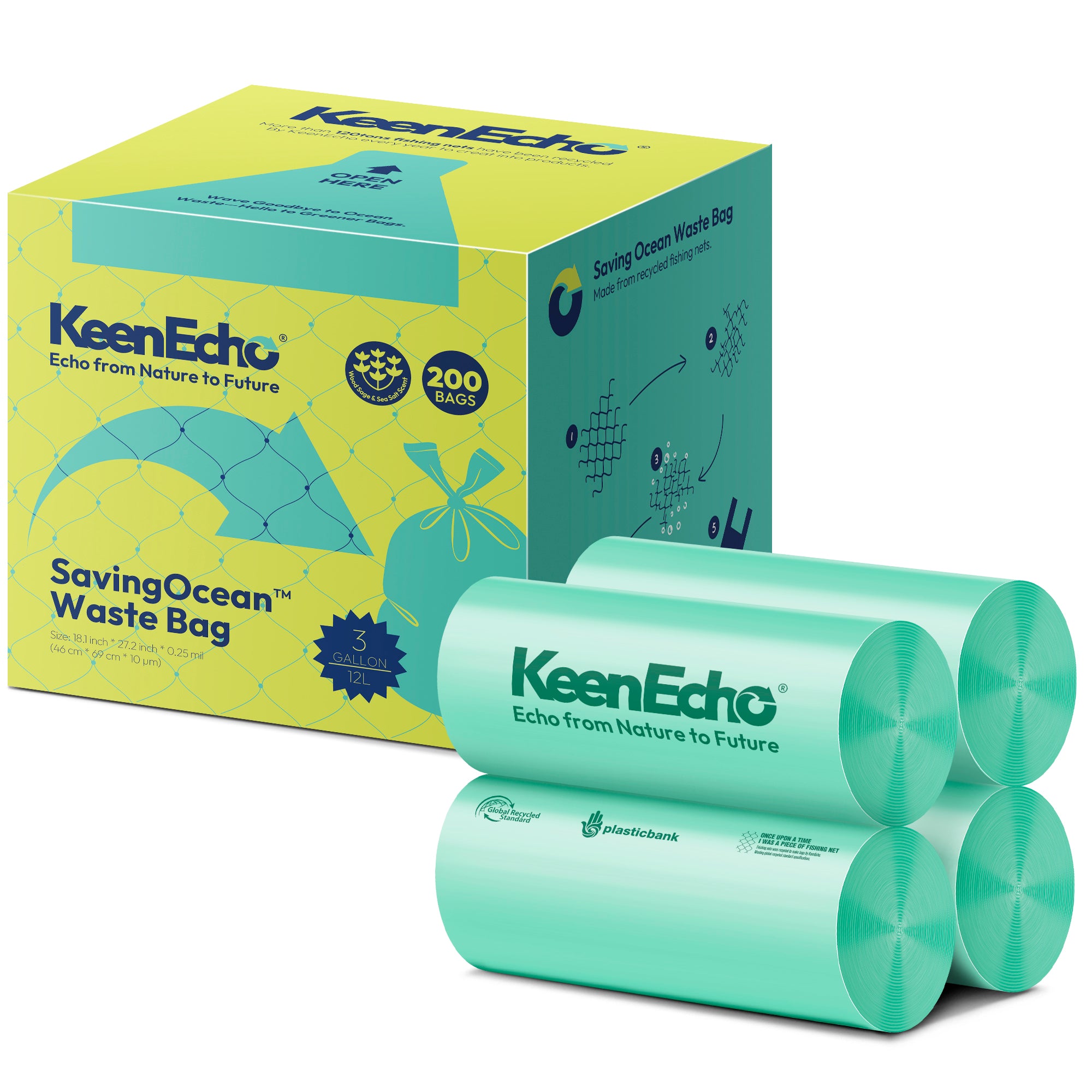 KeenEcho 3 Gallon 200 Counts Small Green Trash Bags with Handle
