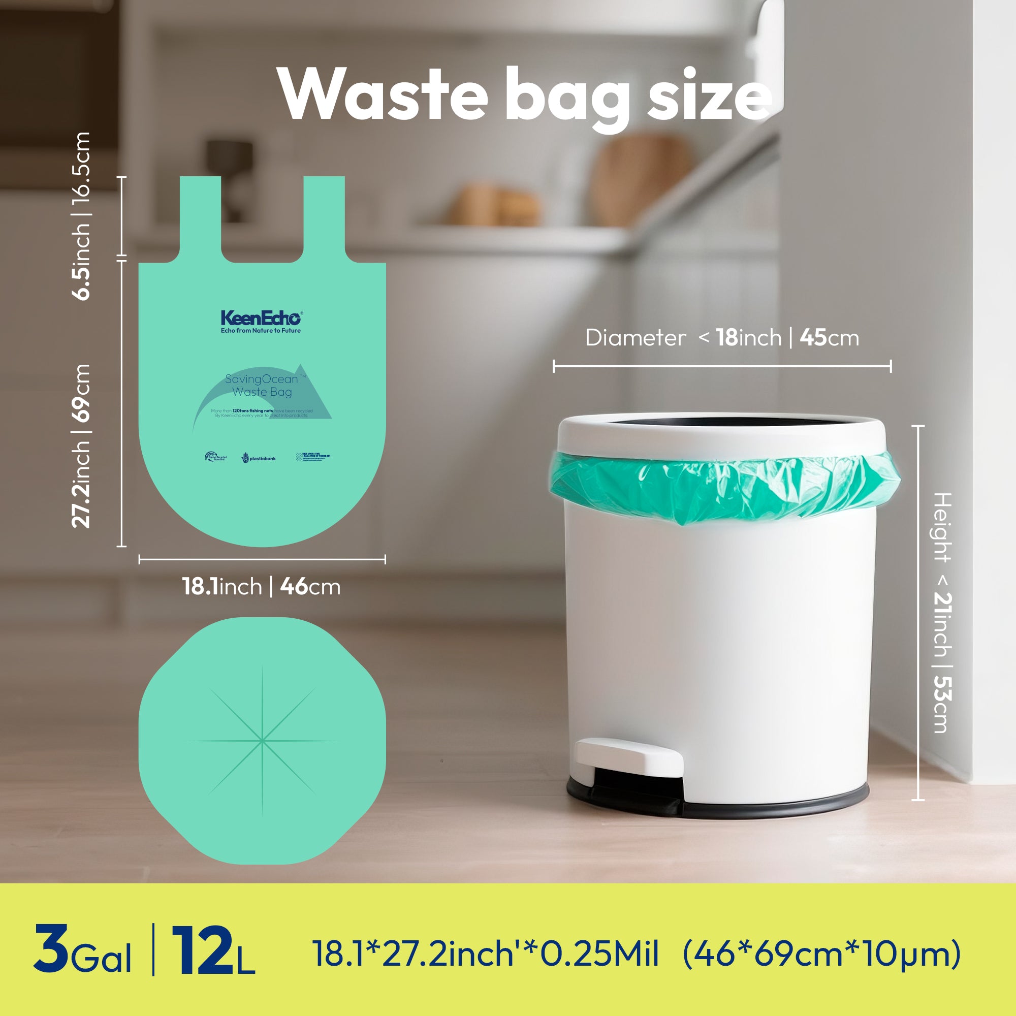 KeenEcho 3 Gallon 200 Counts Small Green Trash Bags with Handle