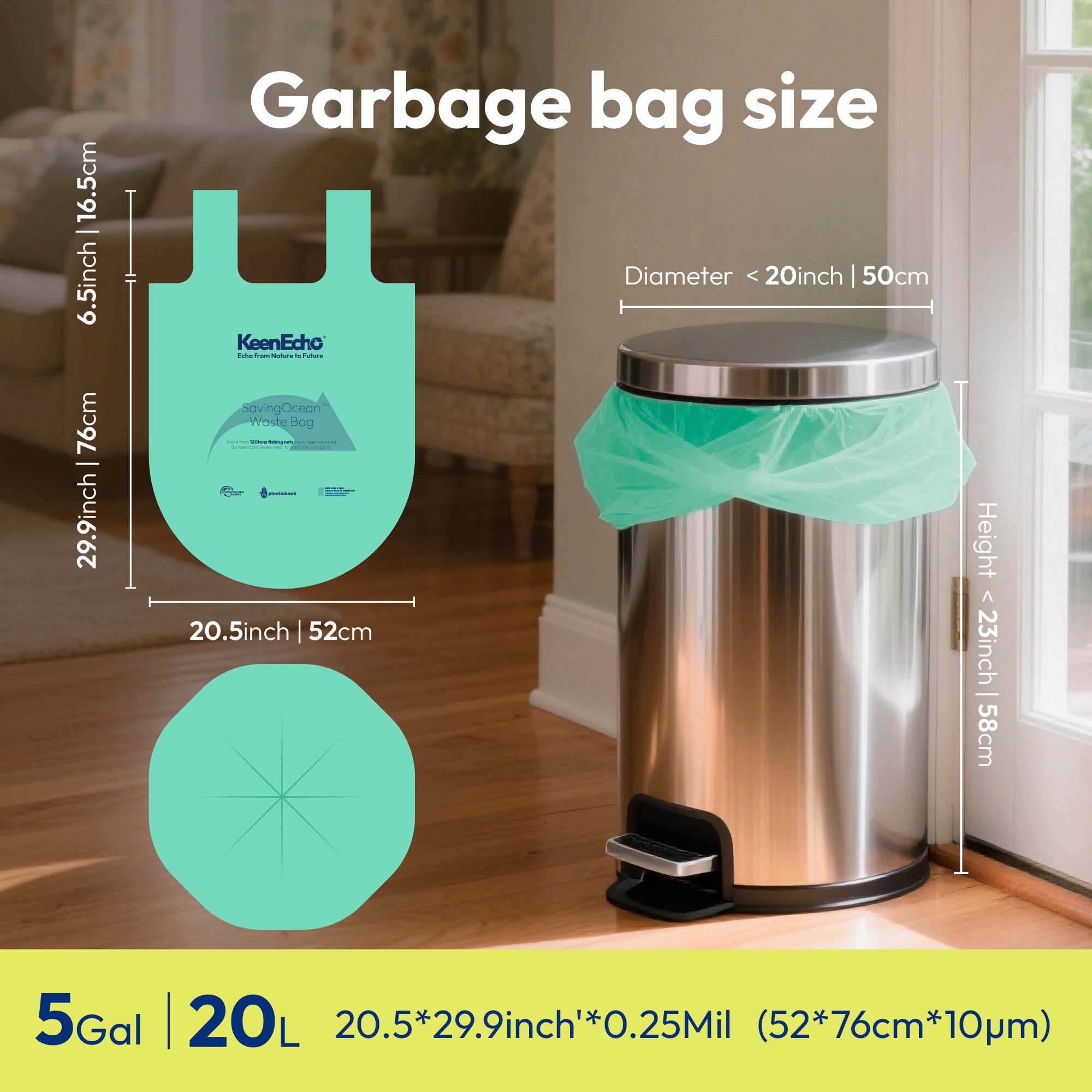 KeenEcho 5 Gallon 200 Counts Small Green Trash Bags with Handle
