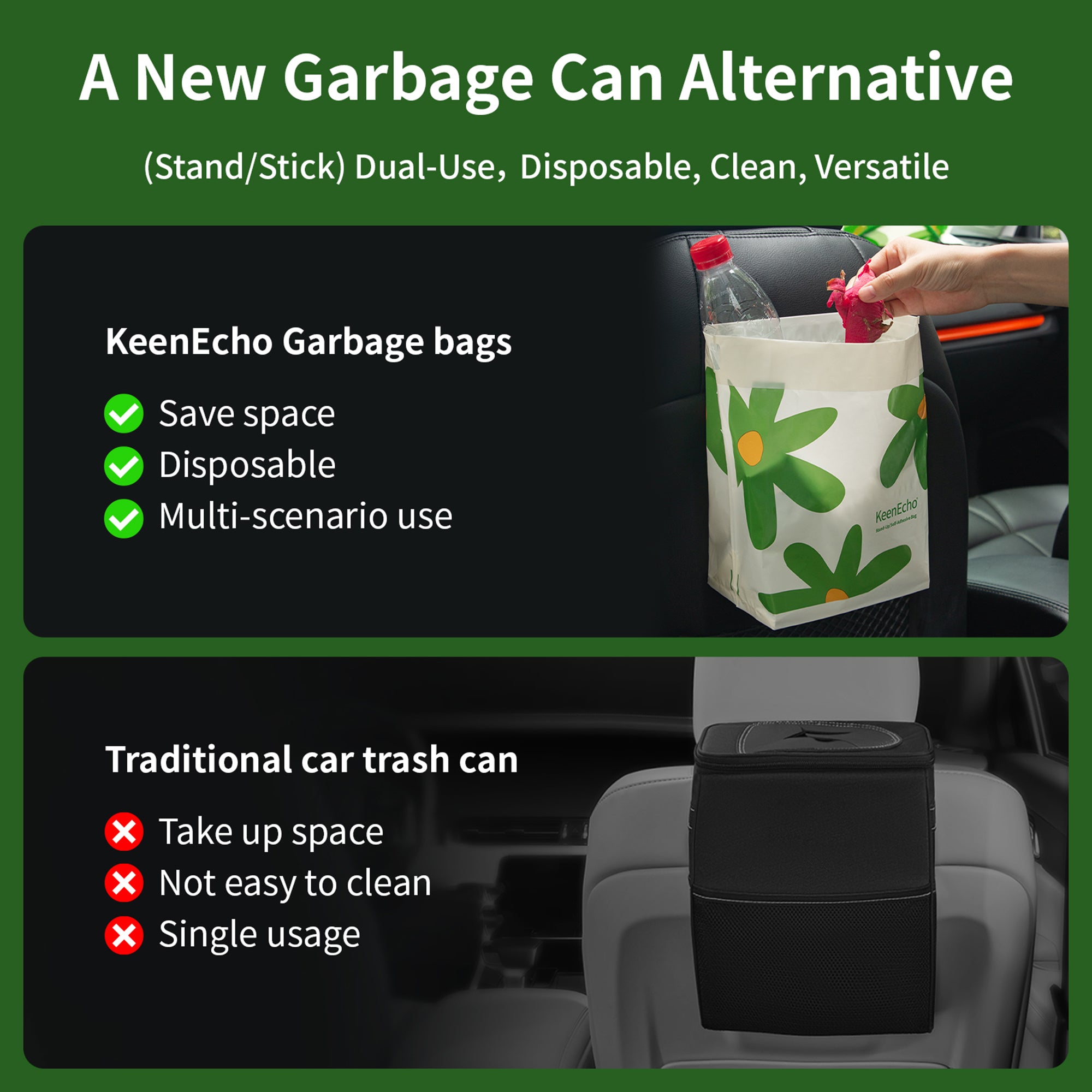 KeenEcho Disposable Car Garbage Bin Bags, Vomit Trash Bags made with Recycled HDPE for Boat, Plane, Travel, Camping, Bedroom, Study Room, Office and Car, 20 pcs/60 pcs